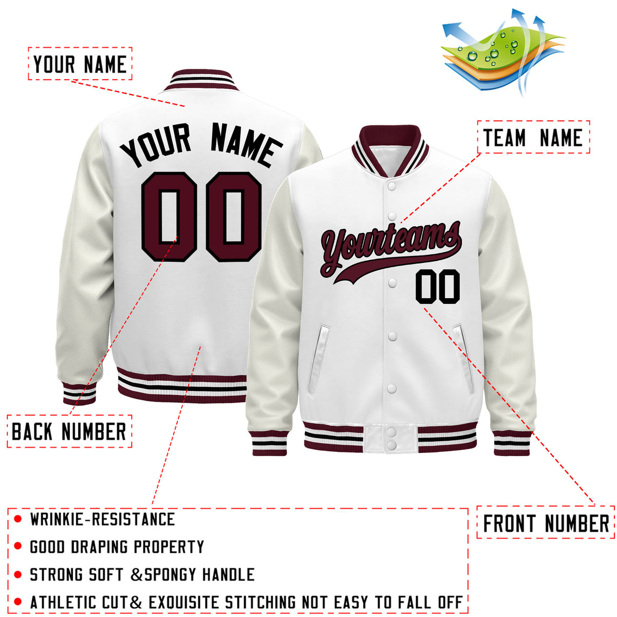 Custom White Crimson Black Classic Style Leather Sleeves Wrinkle-Resistant Jacket| KXKSHOP