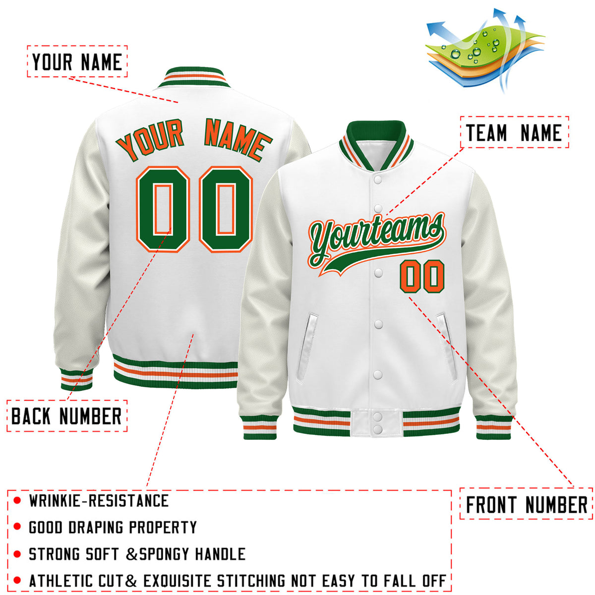 Custom White Kelly Green Orange Classic Style Leather Sleeves Wrinkle-Resistant Jacket| KXKSHOP