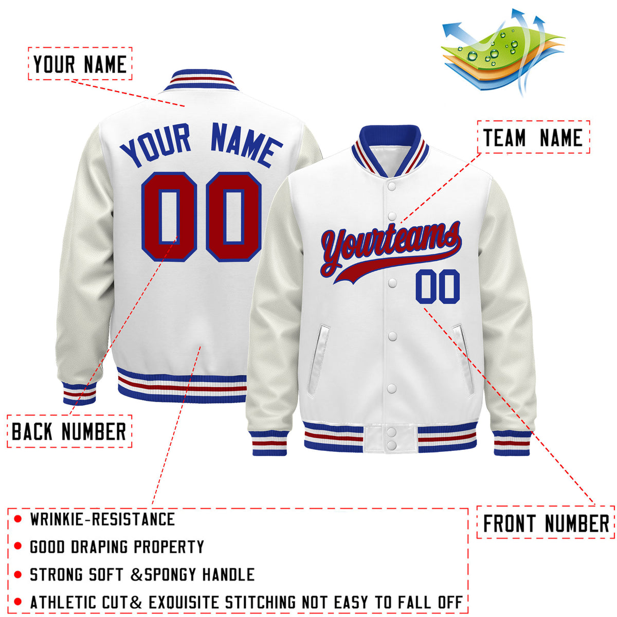 Custom White Royal Blue Red Classic Style Leather Sleeves Wrinkle-Resistant Jacket| KXKSHOP