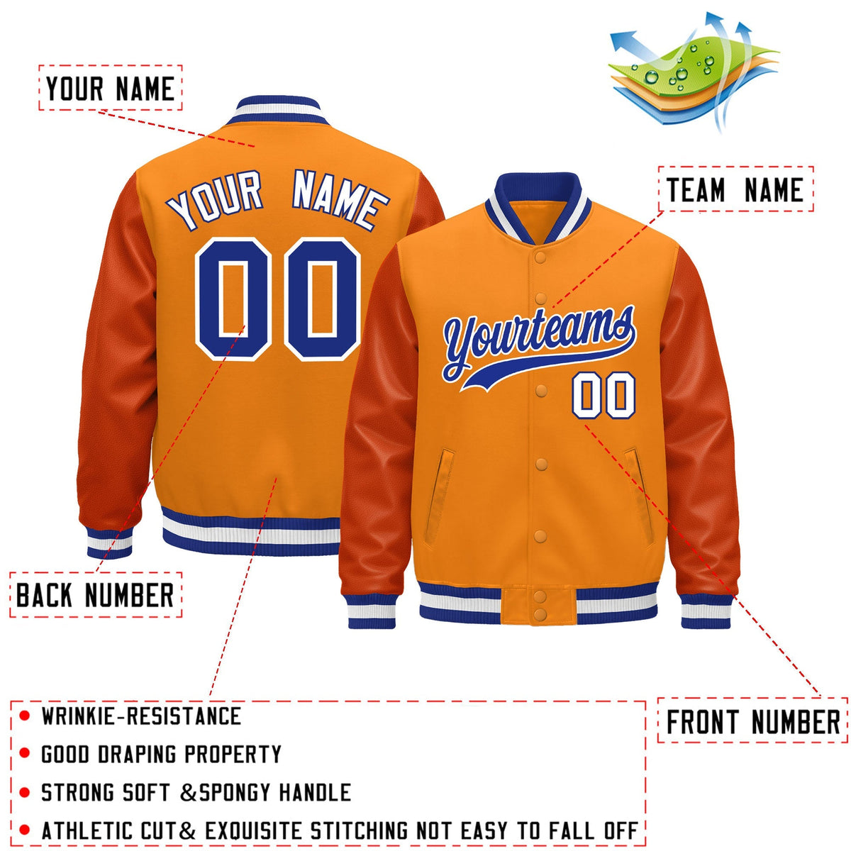 Custom Orange Royal Blue White Classic Style Leather Sleeves Wrinkle-Resistant Jacket| KXKSHOP