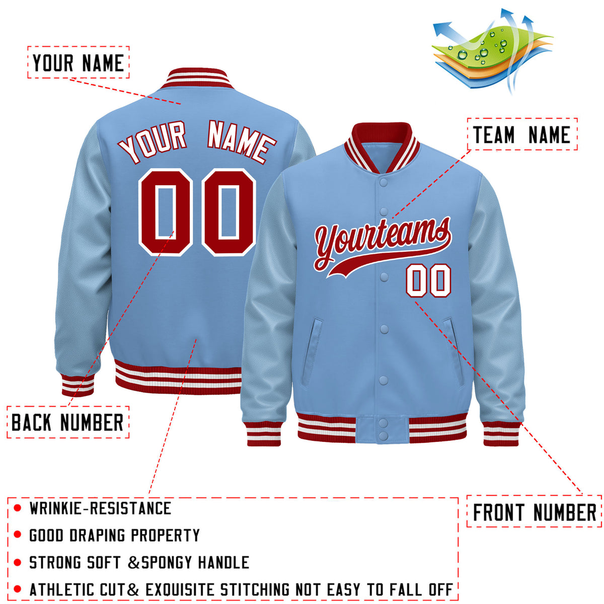 Custom Powder Blue Red White Classic Style Leather Sleeves Wrinkle-Resistant Jacket| KXKSHOP