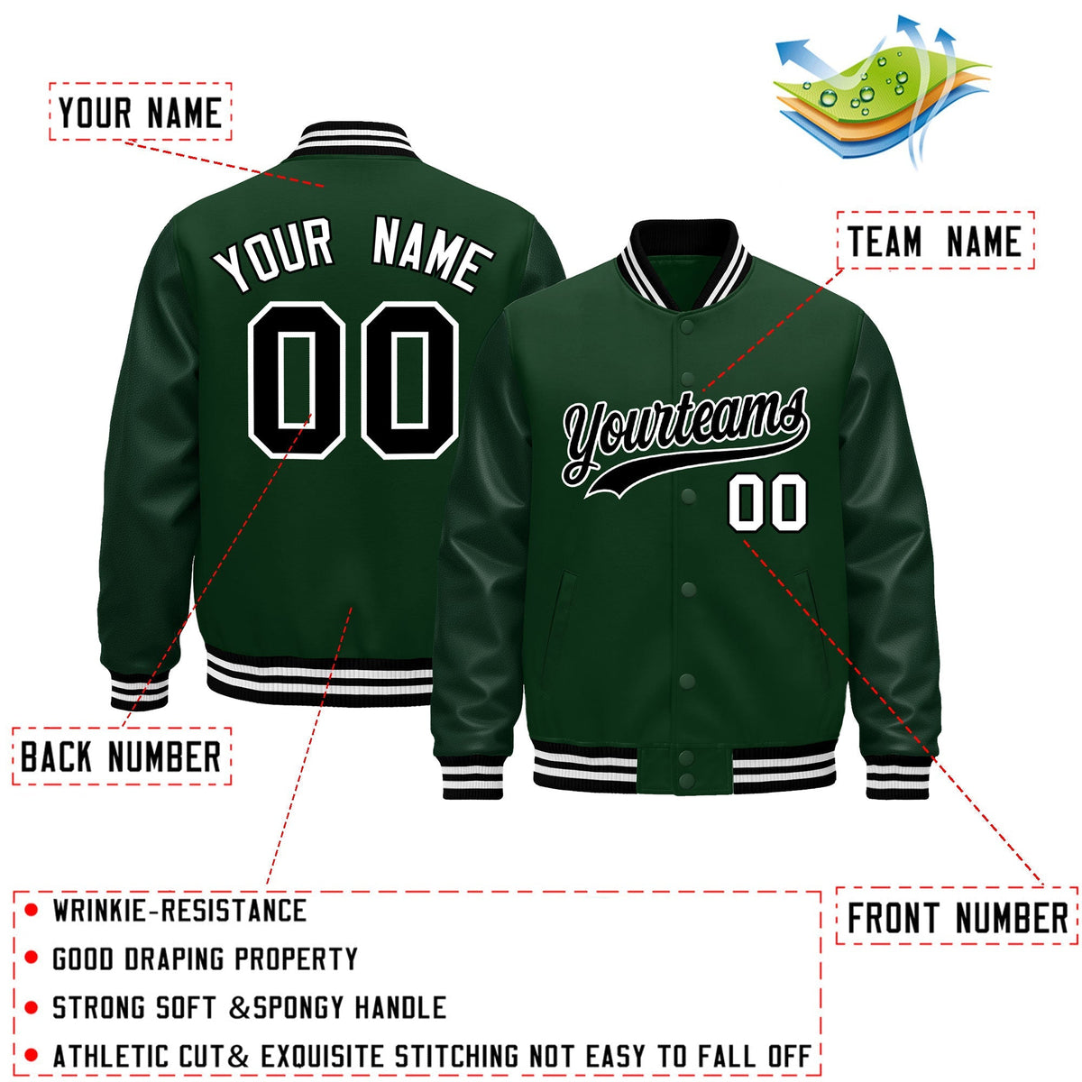 Custom Green Black White Classic Style Leather Sleeves Wrinkle-Resistant Jacket| KXKSHOP