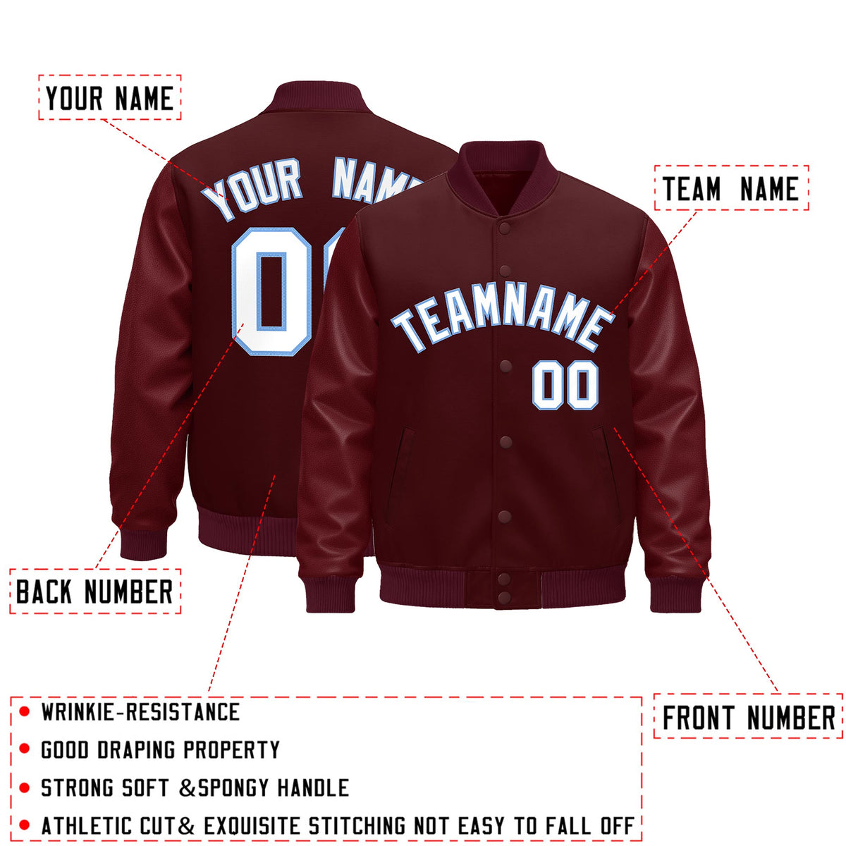 Custom Burgundy Light Blue Classic Style Leather Sleeves Wrinkle-Resistant Jacket| KXKSHOP
