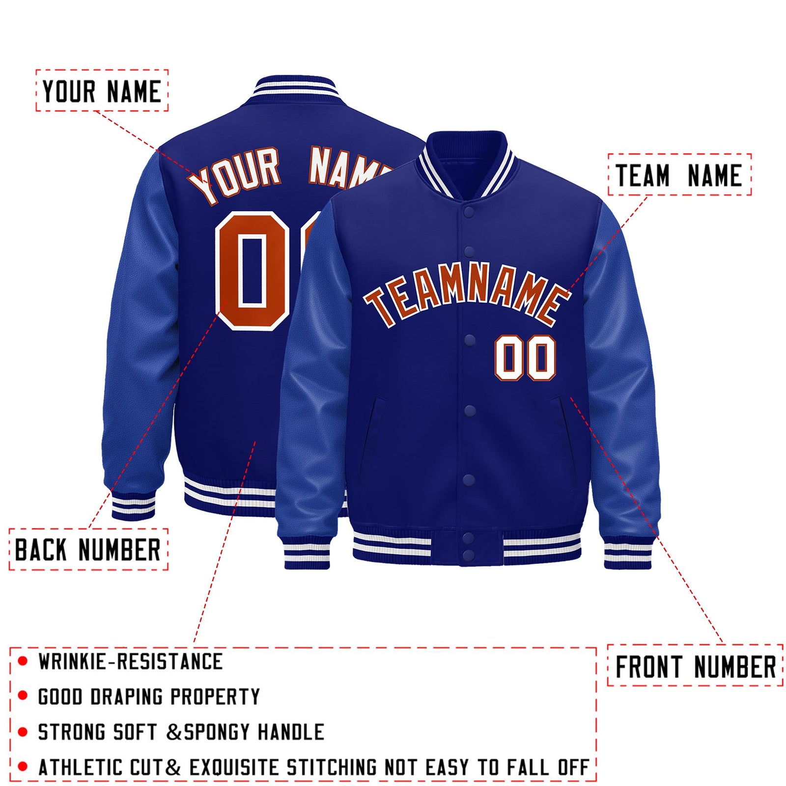 Custom Royal Blue White Classic Style Leather Sleeves Wrinkle-Resistant Jacket| KXKSHOP