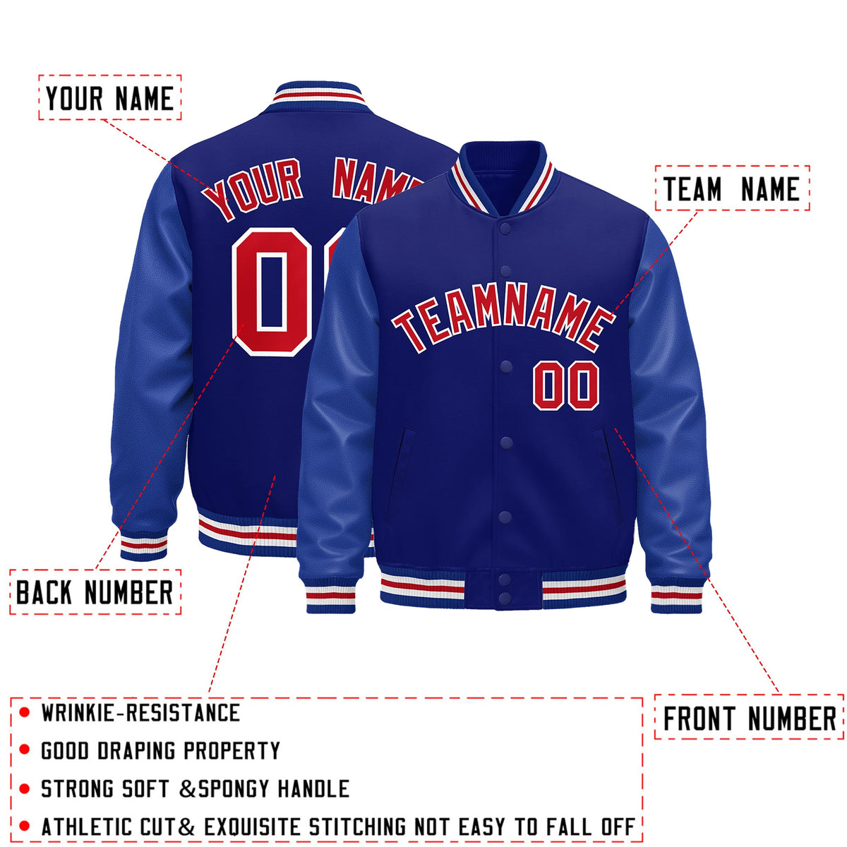Custom Royal Blue red Classic Style Leather Sleeves Wrinkle-Resistant Jacket| KXKSHOP