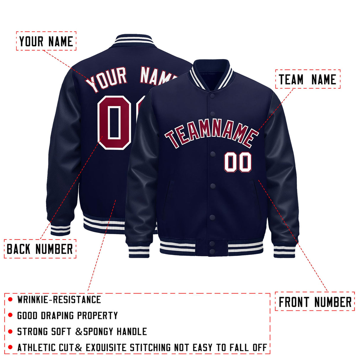 Custom Navy White Classic Style Leather Sleeves Wrinkle-Resistant Jacket| KXKSHOP
