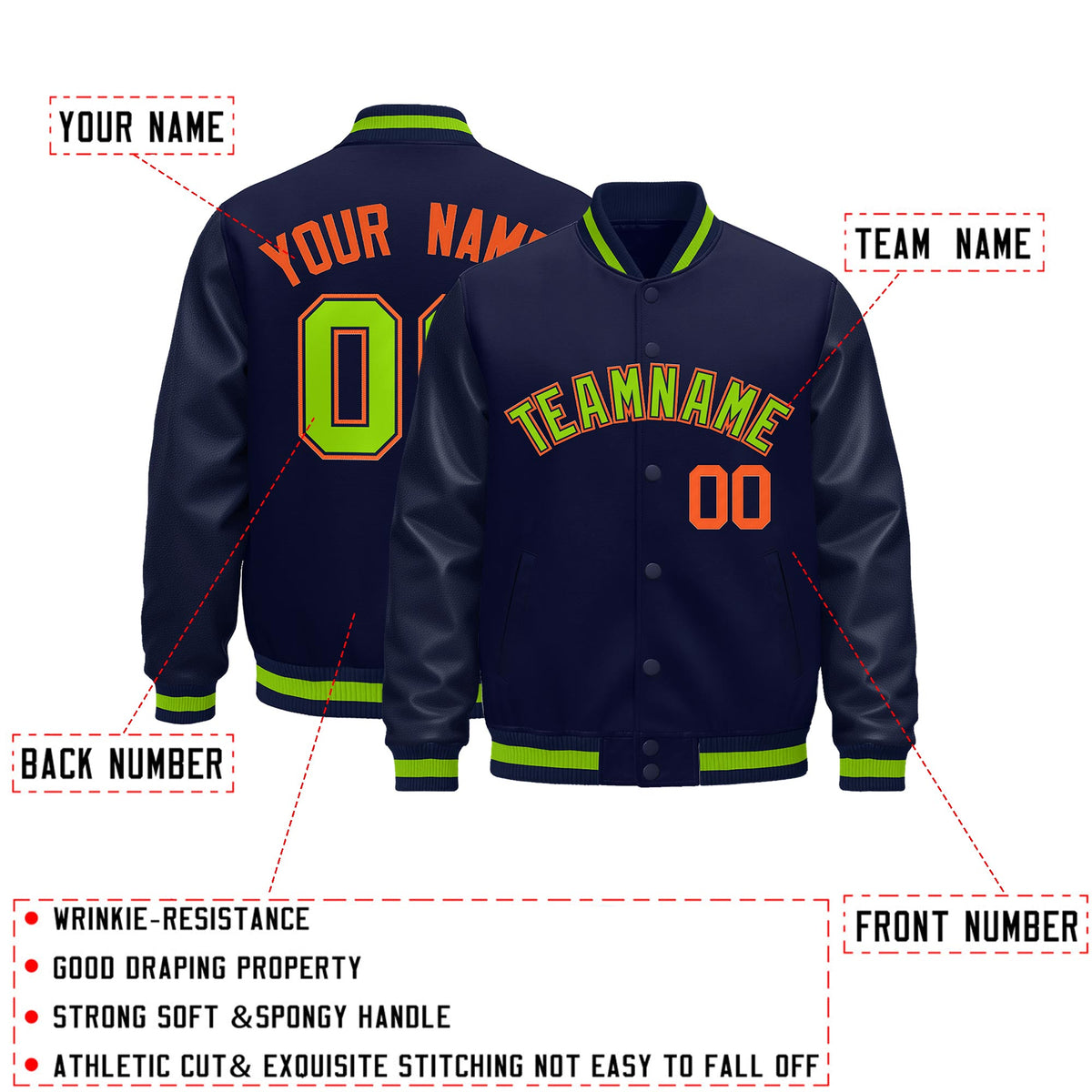 Custom Navy Orange Classic Style Leather Sleeves Wrinkle-Resistant Jacket| KXKSHOP