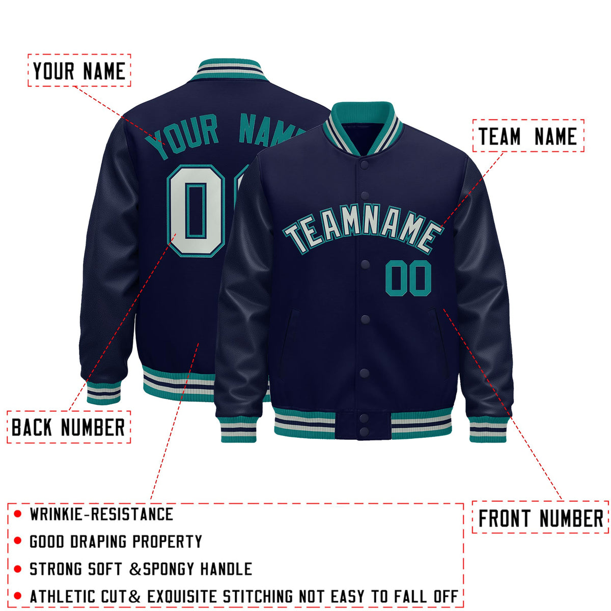 Custom Navy Teal Gray Classic Style Leather Sleeves Wrinkle-Resistant Jacket| KXKSHOP