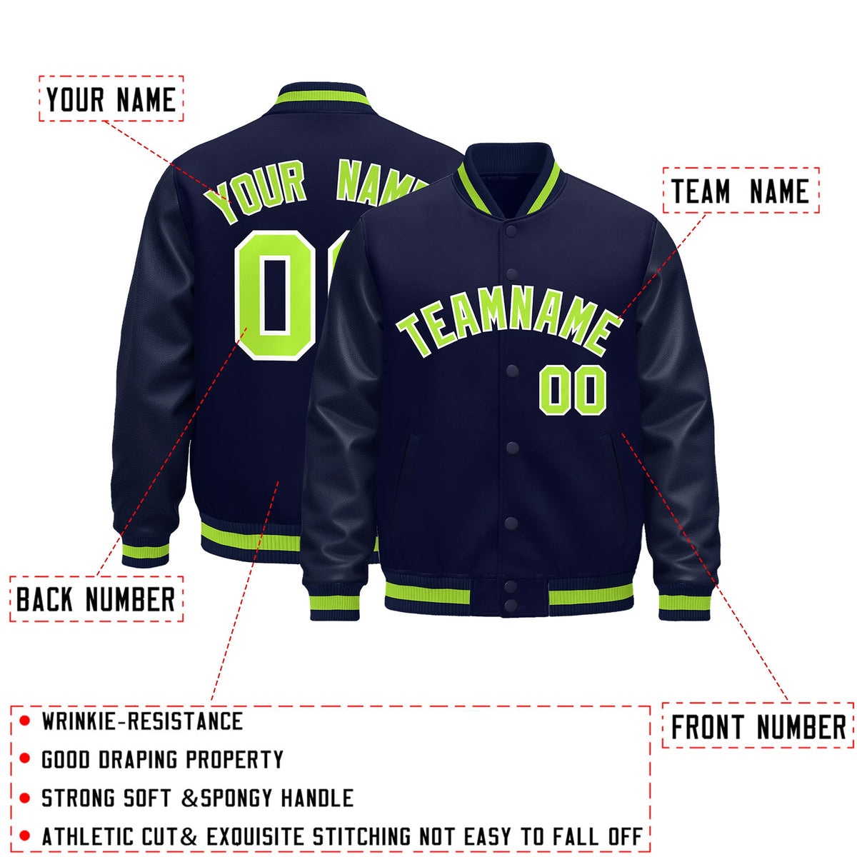 Custom Navy Neon Green Classic Style Leather Sleeves Wrinkle-Resistant Jacket| KXKSHOP