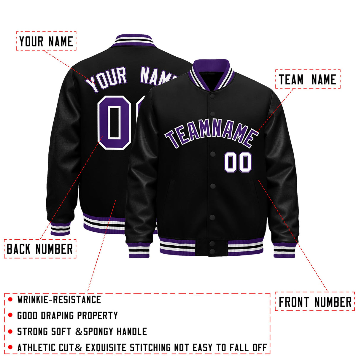 Custom Black Purple White Classic Style Leather Sleeves Wrinkle-Resistant Jacket| KXKSHOP