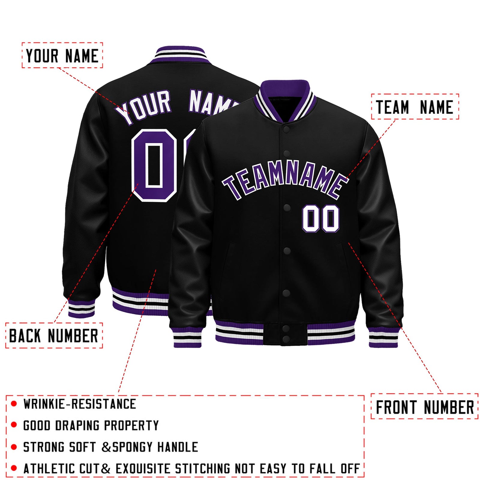 Custom Black Purple White Classic Style Leather Sleeves Wrinkle-Resistant Jacket| KXKSHOP