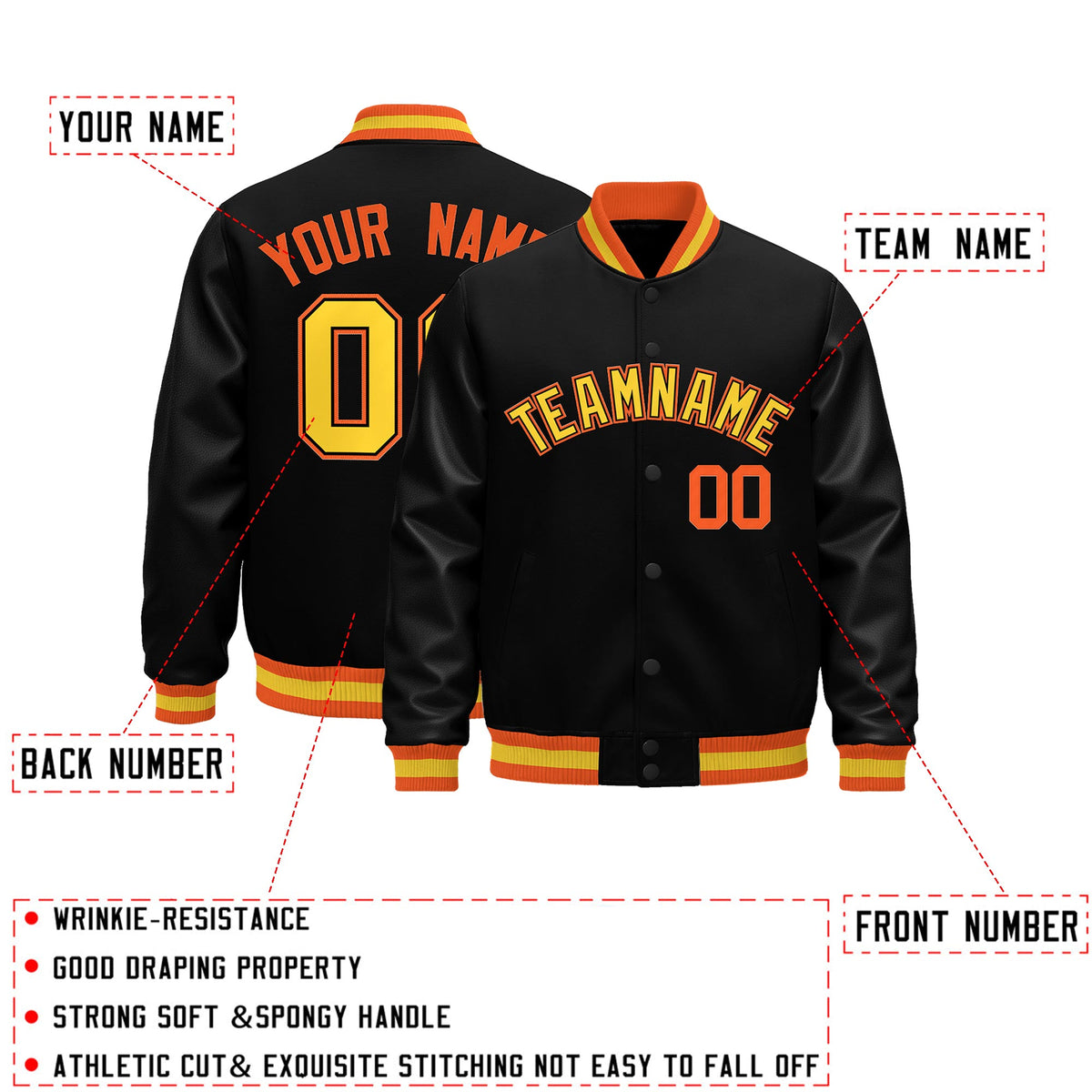 Custom Black Orange Gold Classic Style Leather Sleeves Wrinkle-Resistant Jacket| KXKSHOP