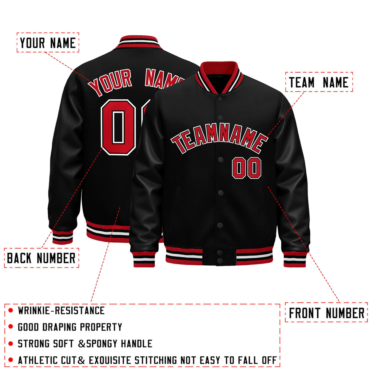 Custom Black Red White Classic Style Leather Sleeves Wrinkle-Resistant Jacket| KXKSHOP