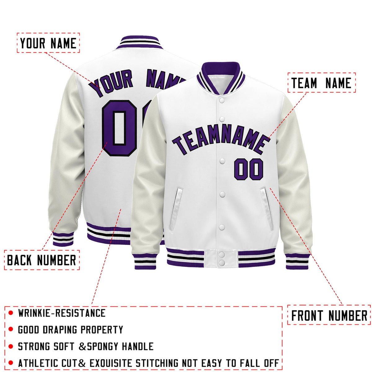 Custom White Purple Black Classic Style Leather Sleeves Wrinkle-Resistant Jacket| KXKSHOP