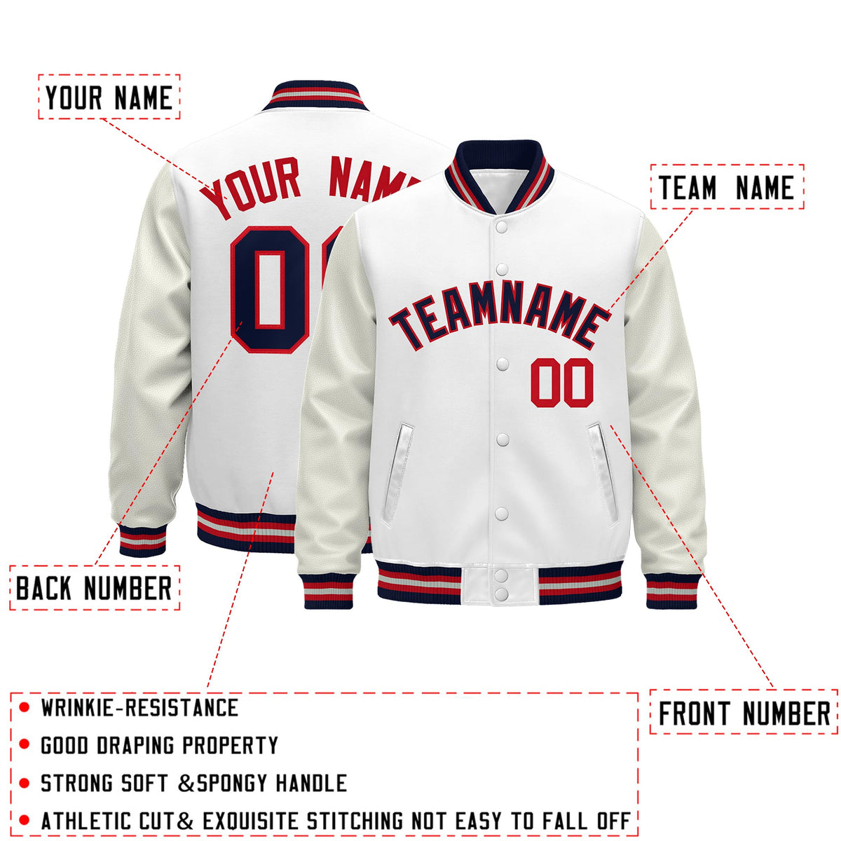 Custom White Navy Red Classic Style Leather Sleeves Wrinkle-Resistant Jacket| KXKSHOP