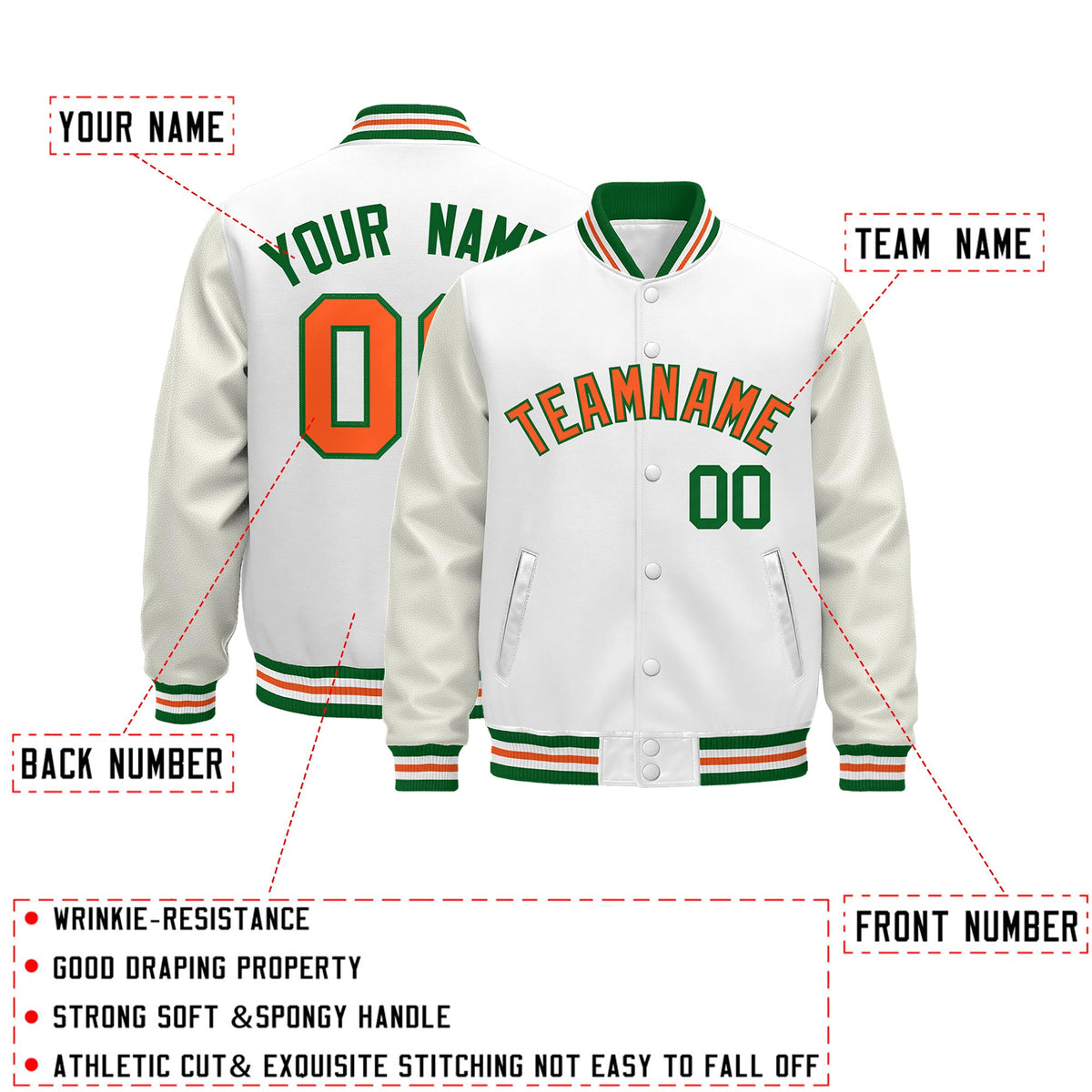 Custom White Kelly Green Orange Classic Style Leather Sleeves Wrinkle-Resistant Jacket| KXKSHOP