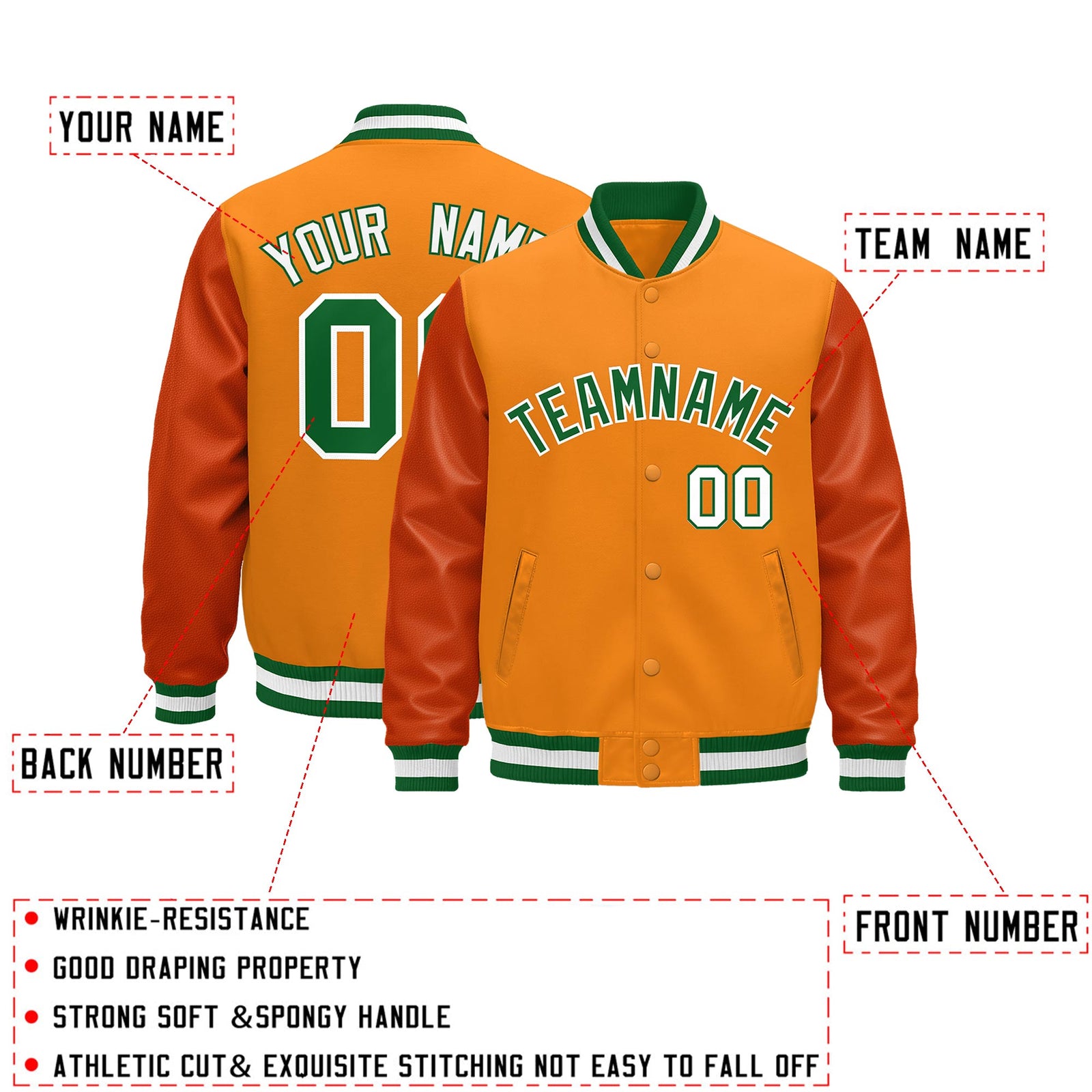 Custom Orange Kelly Green White Classic Style Leather Sleeves Wrinkle-Resistant Jacket| KXKSHOP
