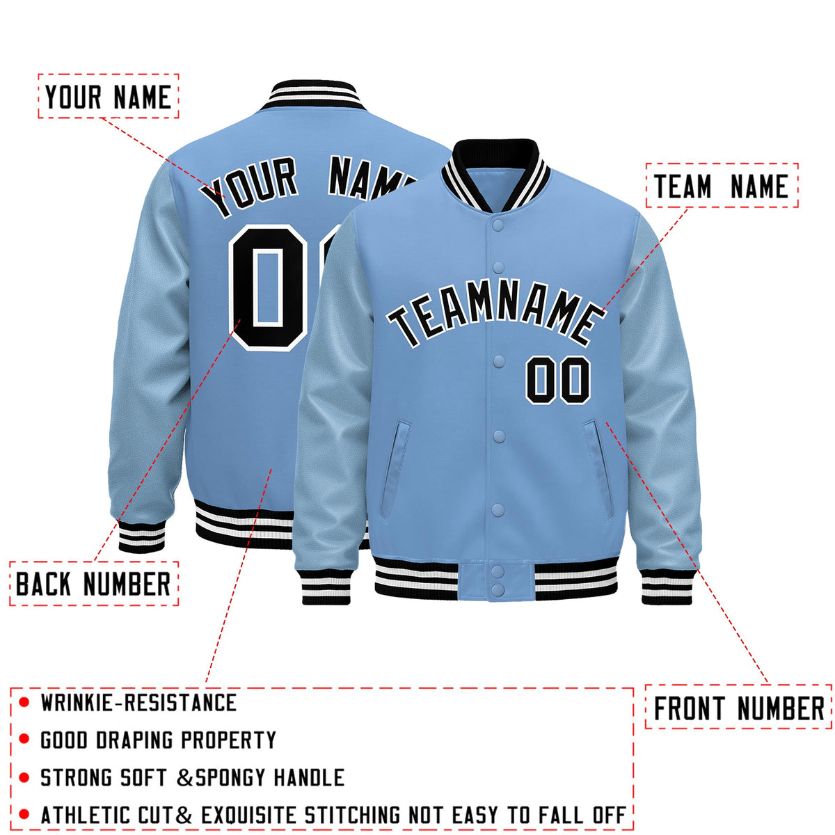 Custom Powder Blue Black White Classic Style Leather Sleeves Wrinkle-Resistant Jacket| KXKSHOP