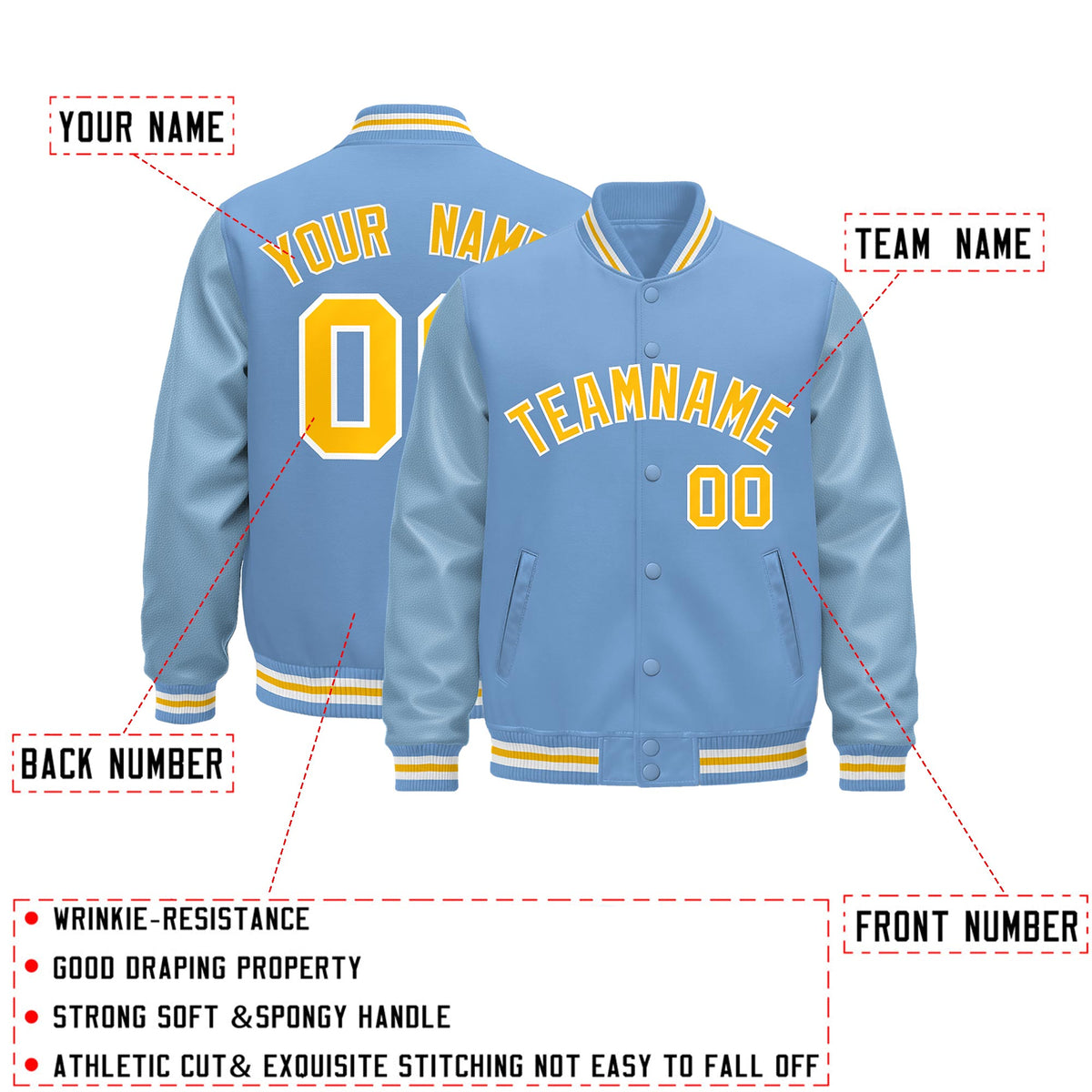 Custom Powder Blue Yellow White Classic Style Leather Sleeves Wrinkle-Resistant Jacket| KXKSHOP