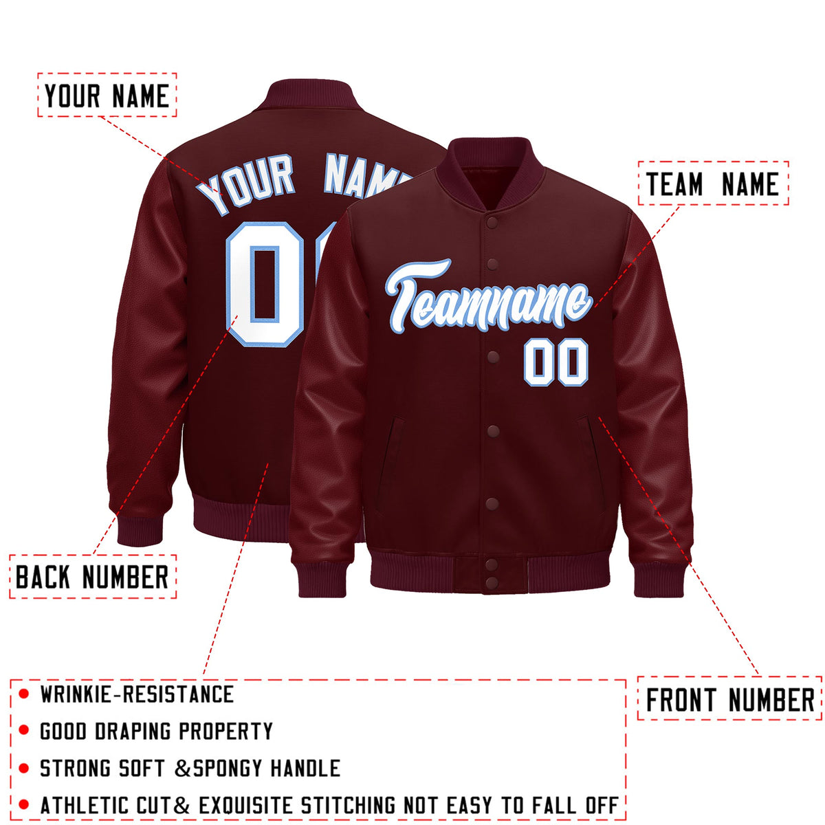 Custom Burgundy Light Blue Classic Style Leather Sleeves Wrinkle-Resistant Jacket| KXKSHOP