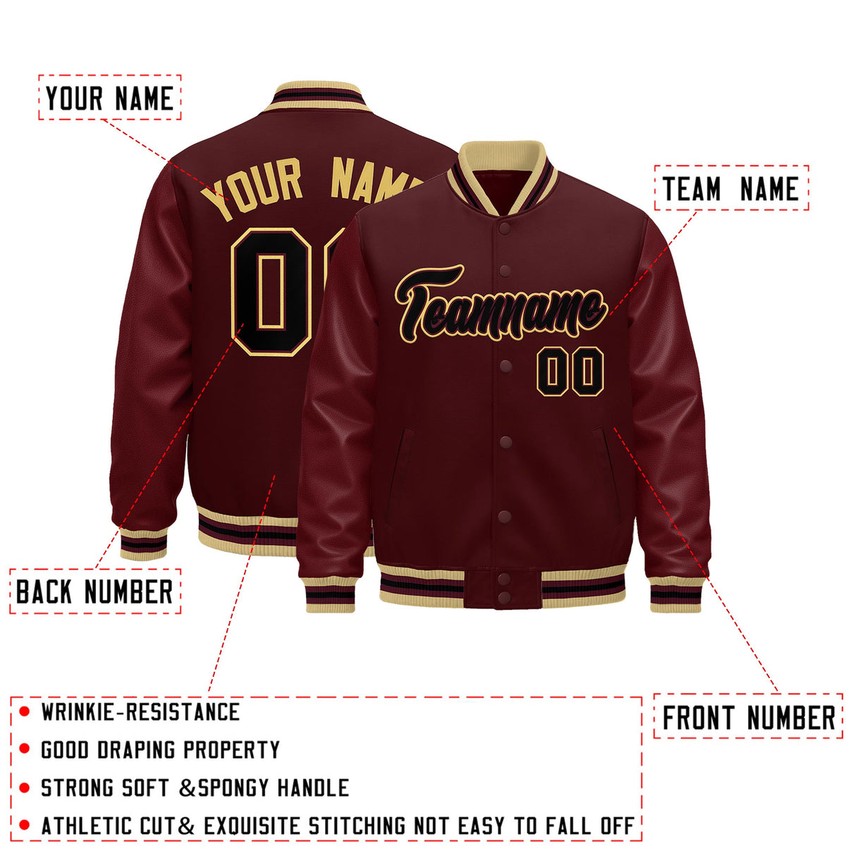 Custom Burgundy White Classic Style Leather Sleeves Wrinkle-Resistant Jacket| KXKSHOP