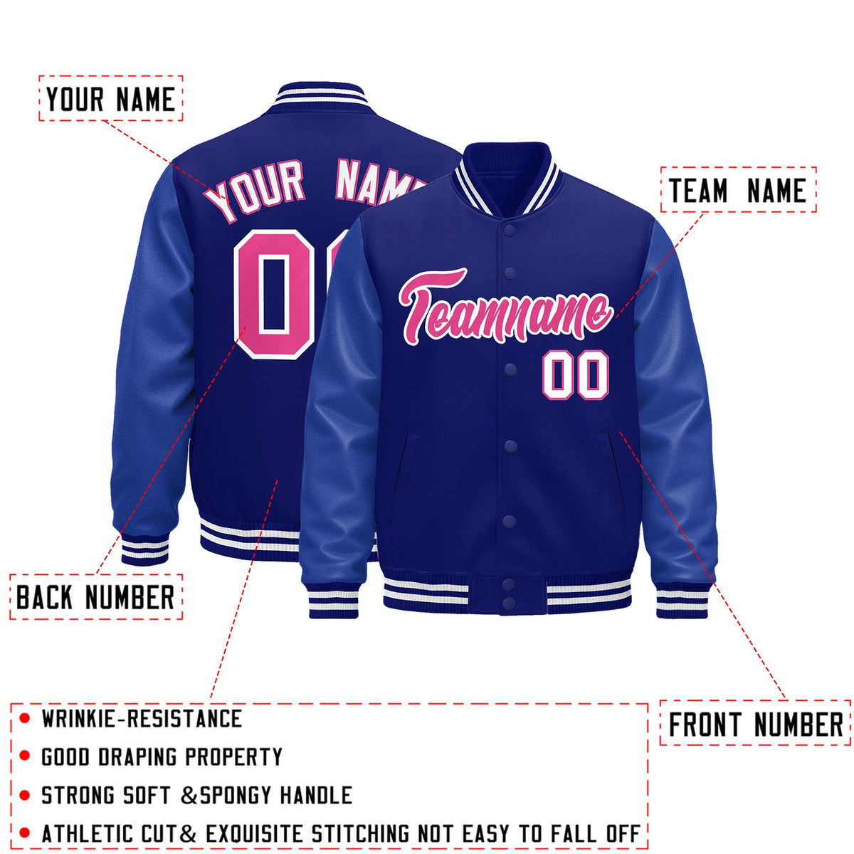 Custom Royal Blue White Classic Style Leather Sleeves Wrinkle-Resistant Jacket| KXKSHOP