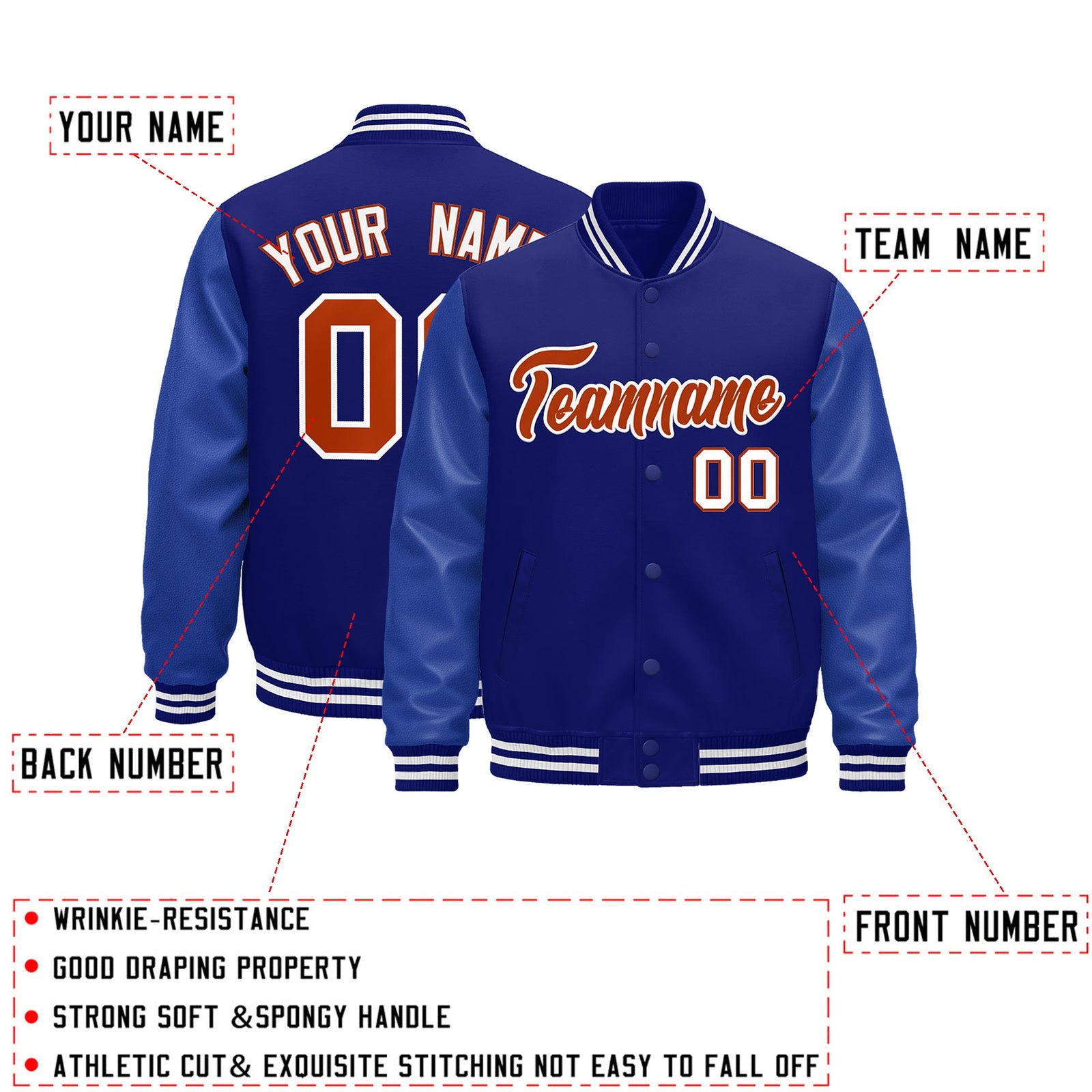 Custom Royal Blue White Classic Style Leather Sleeves Wrinkle-Resistant Jacket| KXKSHOP