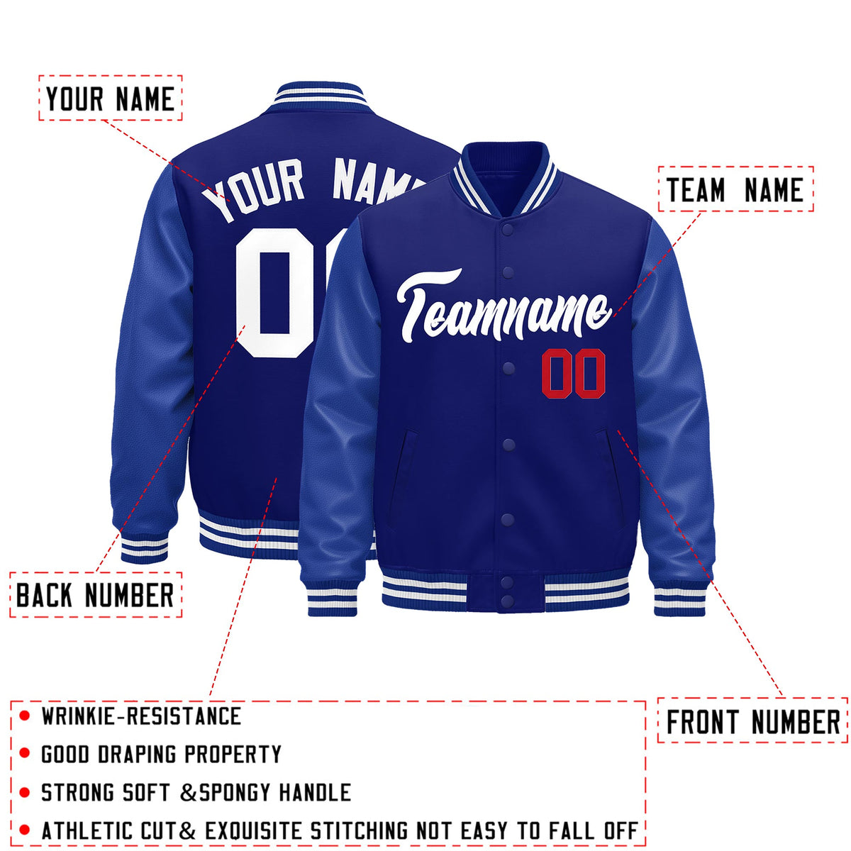 Custom Royal Blue White Classic Style Leather Sleeves Wrinkle-Resistant Jacket| KXKSHOP