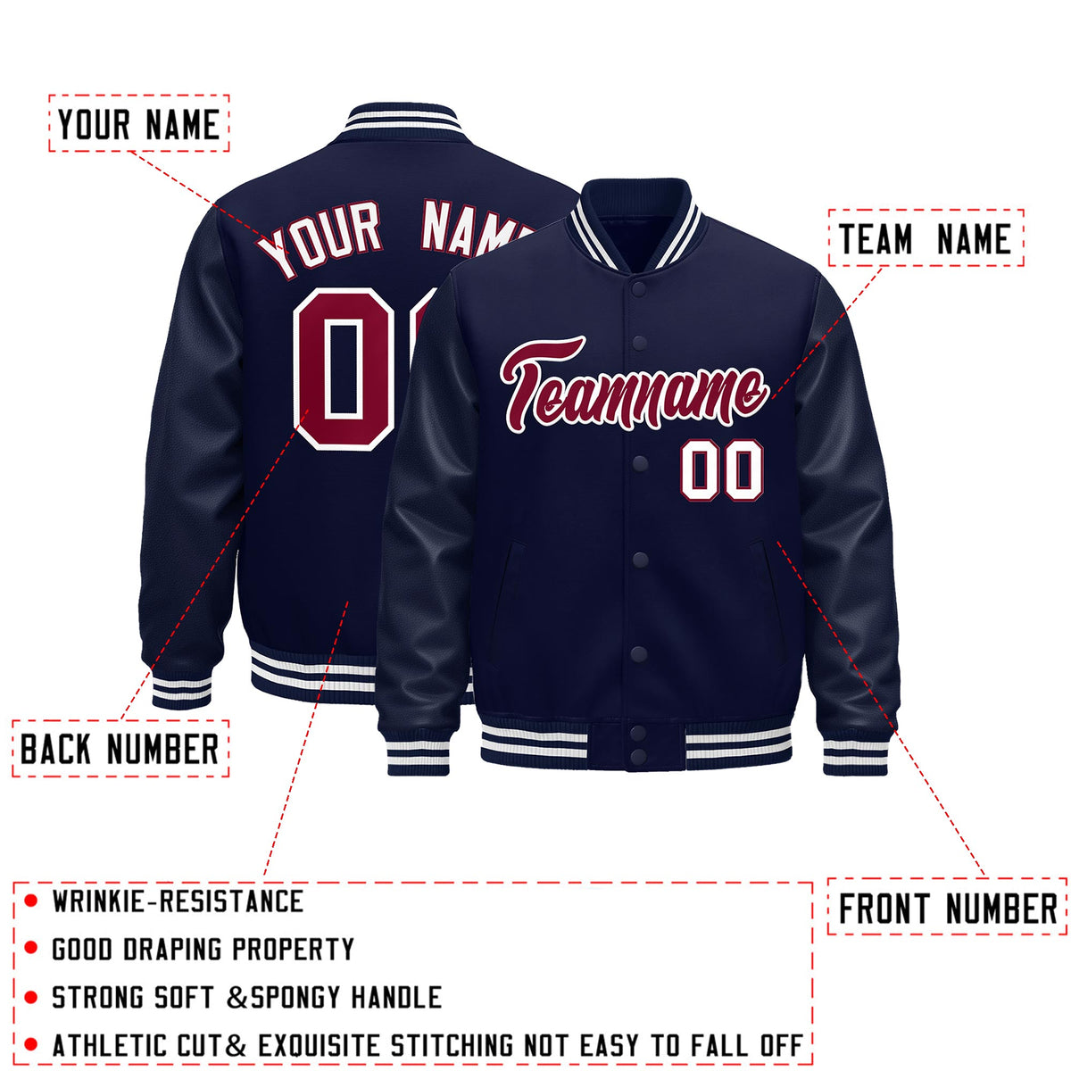 Custom Navy White Classic Style Leather Sleeves Wrinkle-Resistant Jacket| KXKSHOP