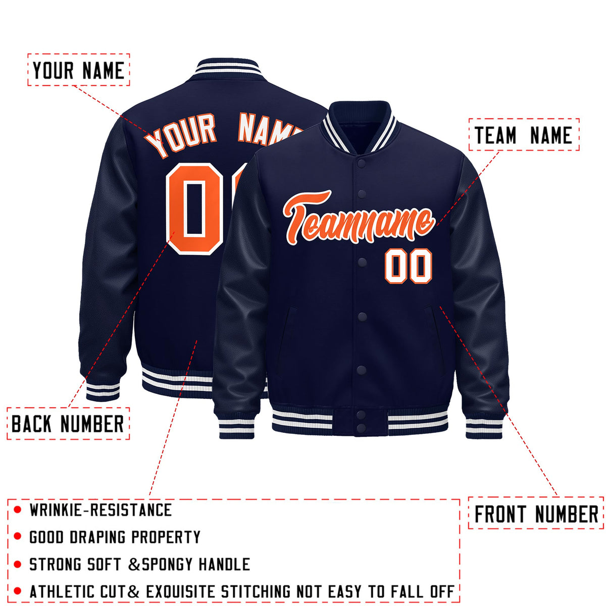 Custom Navy Orange Classic Style Leather Sleeves Wrinkle-Resistant Jacket| KXKSHOP