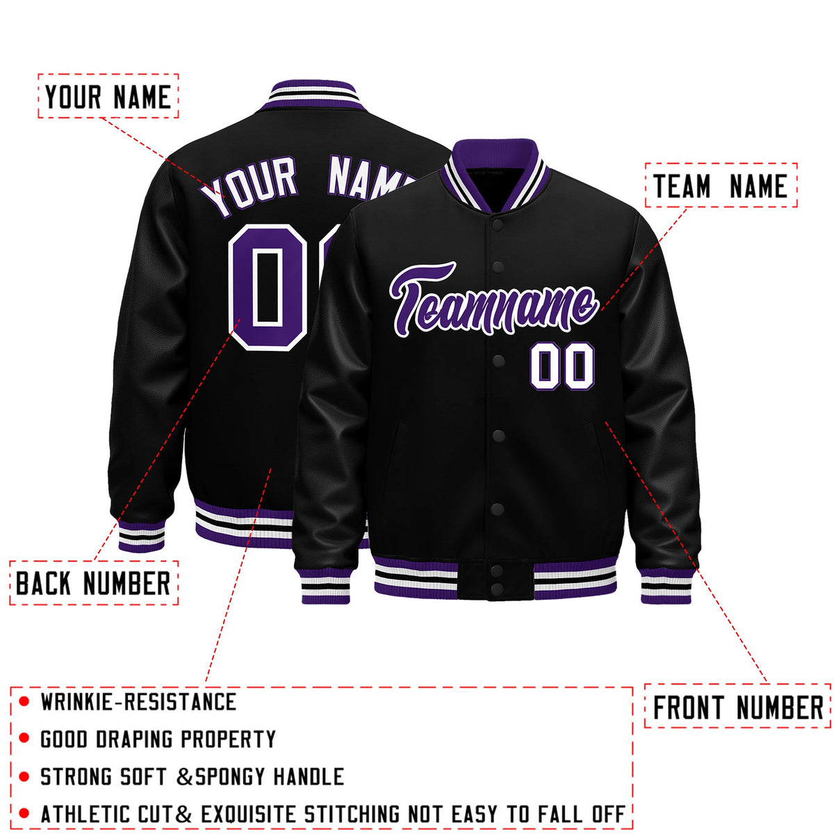 Custom Black Purple White Classic Style Leather Sleeves Wrinkle-Resistant Jacket| KXKSHOP