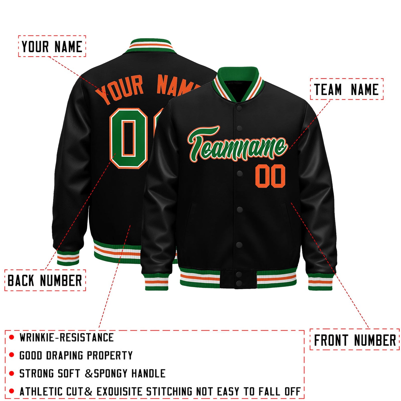 Custom Black Kelly Green White Classic Style Leather Sleeves Wrinkle-Resistant Jacket| KXKSHOP