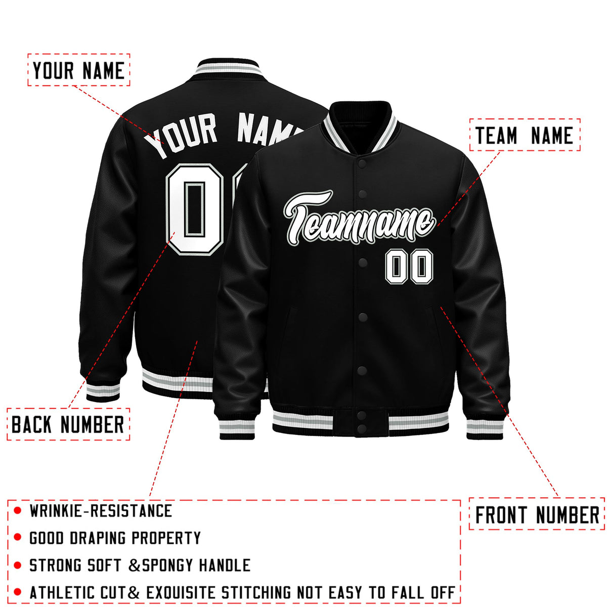 Custom Black White Gray Classic Style Leather Sleeves Wrinkle-Resistant Jacket| KXKSHOP