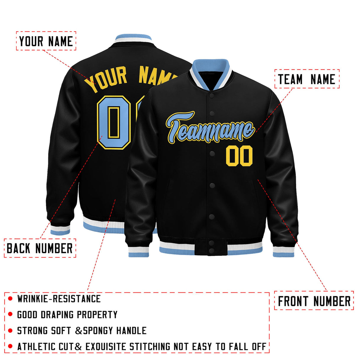 Custom Black Light Blue White Classic Style Leather Sleeves Wrinkle-Resistant Jacket| KXKSHOP