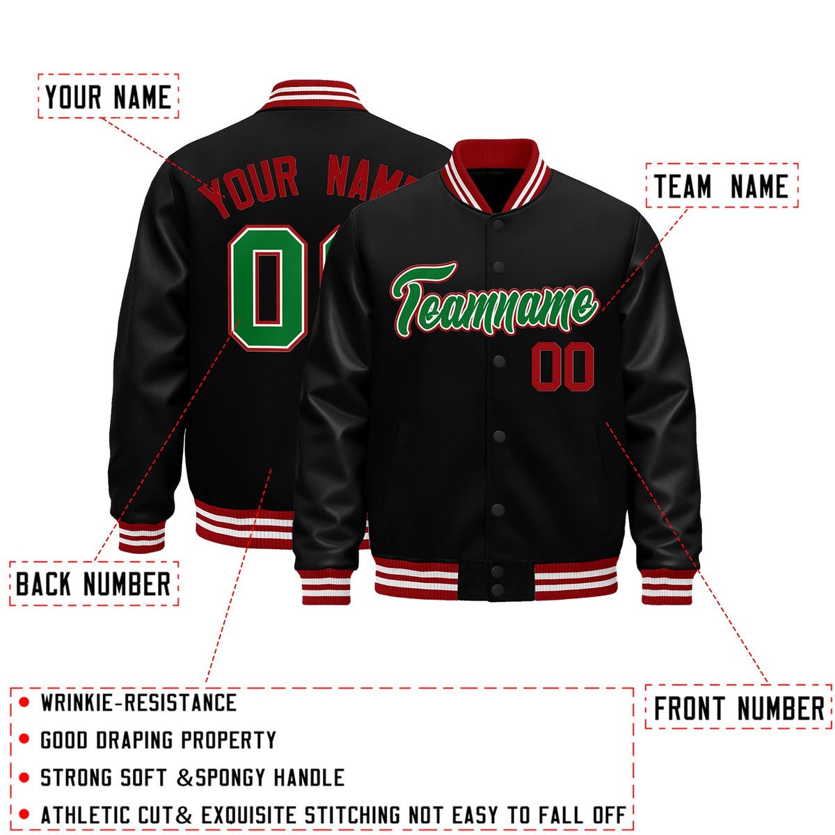 Custom Black Red White Classic Style Leather Sleeves Wrinkle-Resistant Jacket| KXKSHOP