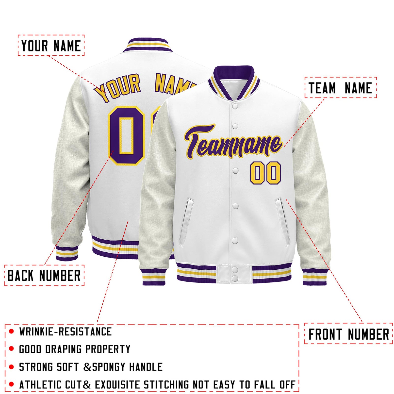 Custom White Purple Gold Classic Style Leather Sleeves Wrinkle-Resistant Jacket| KXKSHOP