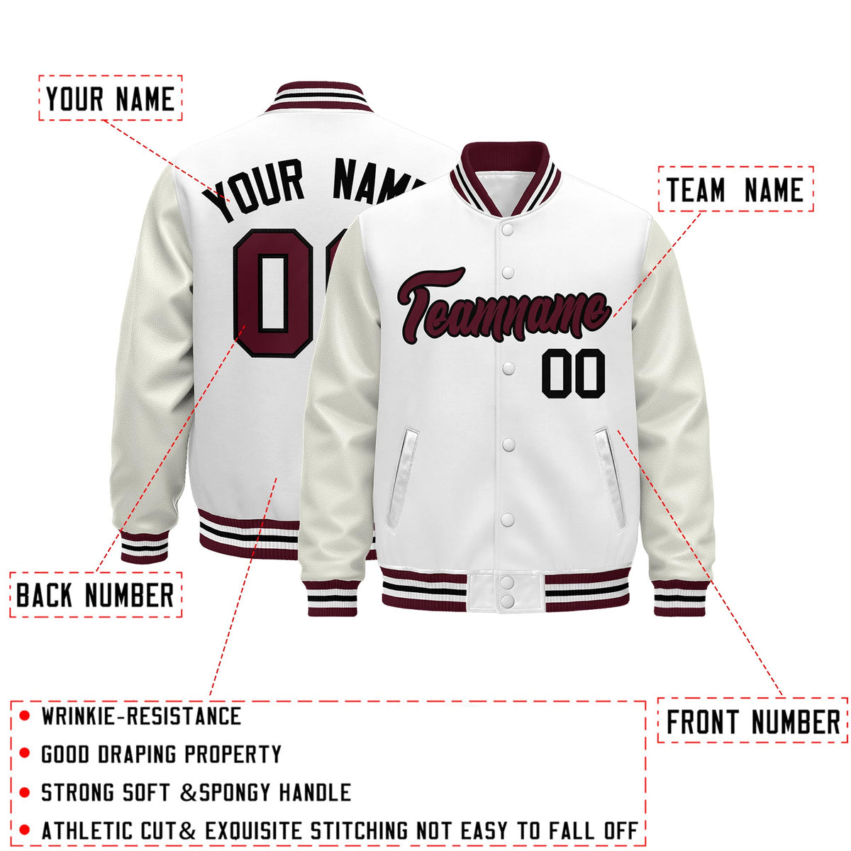 Custom White Crimson Black Classic Style Leather Sleeves Wrinkle-Resistant Jacket| KXKSHOP