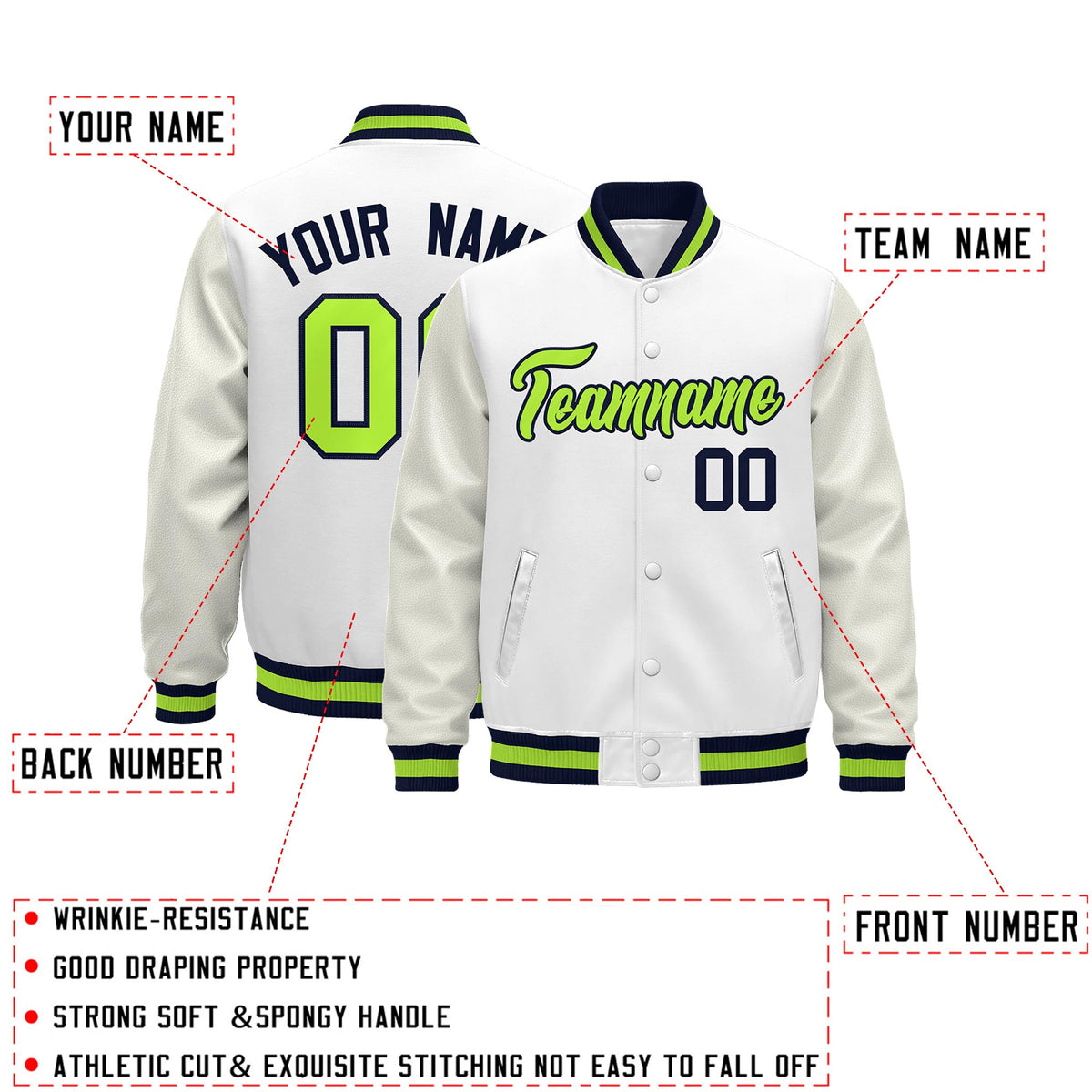 Custom White Navy Neon Green Classic Style Leather Sleeves Wrinkle-Resistant Jacket| KXKSHOP