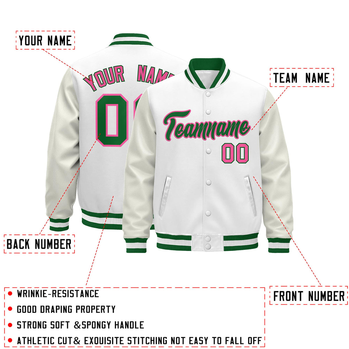 Custom White Kelly Green Classic Style Leather Sleeves Wrinkle-Resistant Jacket| KXKSHOP