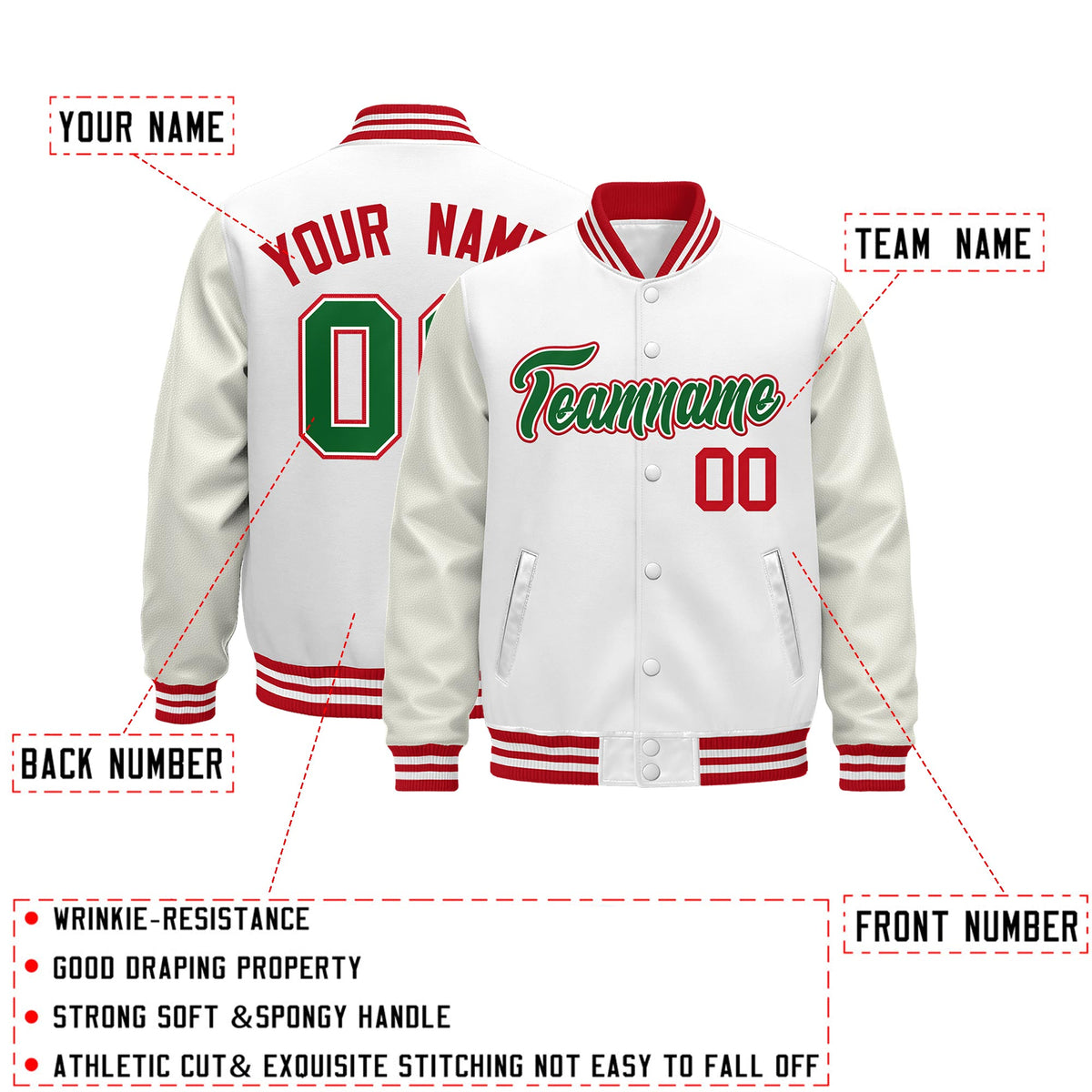 Custom White Red Classic Style Leather Sleeves Wrinkle-Resistant Jacket| KXKSHOP
