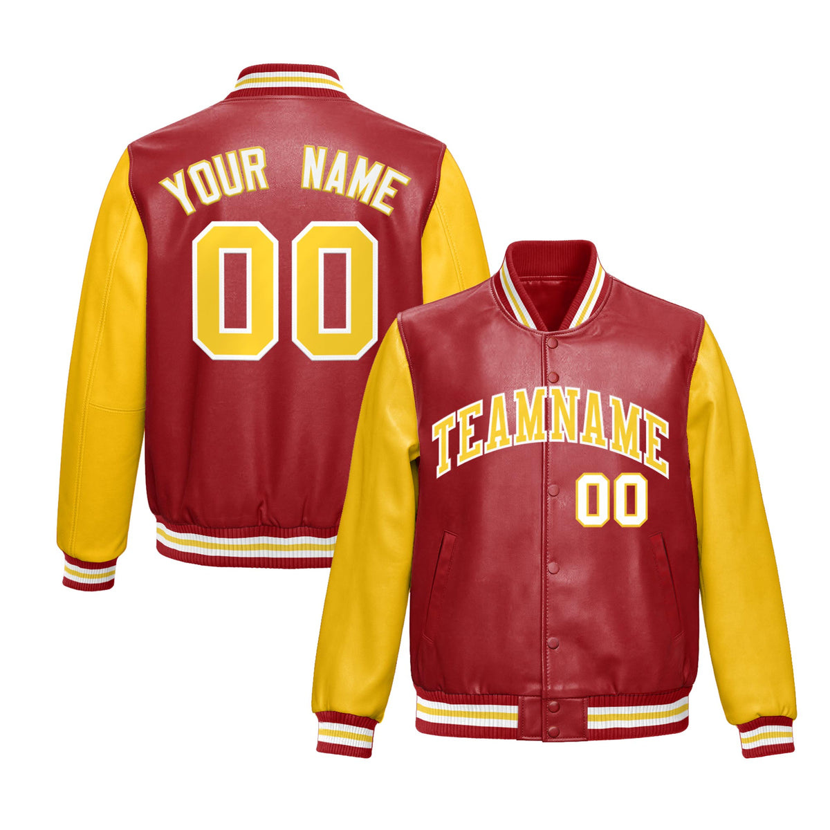 Custom Red Yellow Raglan Sleeves Full-Snap Varsity Faux Leather Letterman Jacket