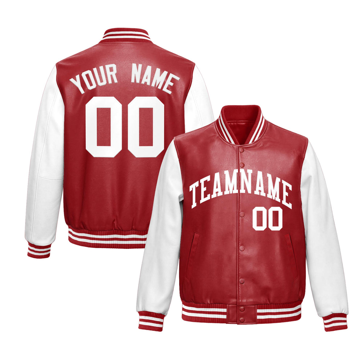 Custom Red White Raglan Sleeves Full-Snap Varsity Faux Leather Letterman Jacket
