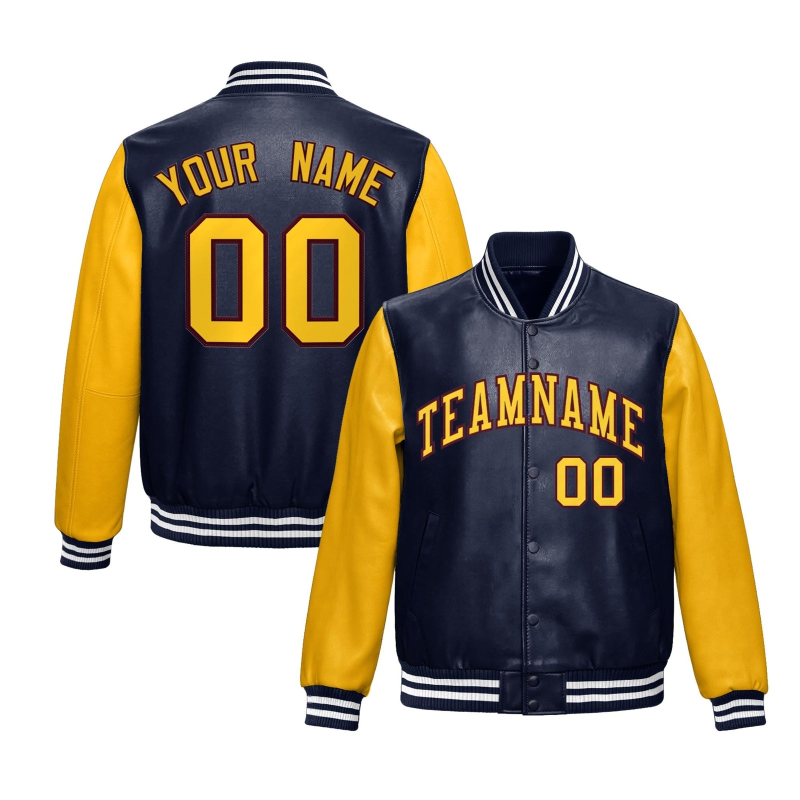 Custom Navy Yellow Raglan Sleeves Full-Snap Varsity Faux Leather Letterman Jacket