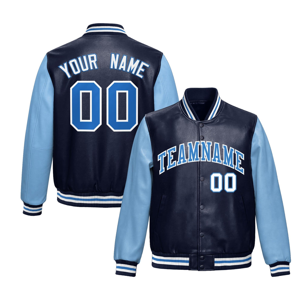 Custom Navy Powder Blue Raglan Sleeves Full-Snap Varsity Faux Leather Letterman Jacket