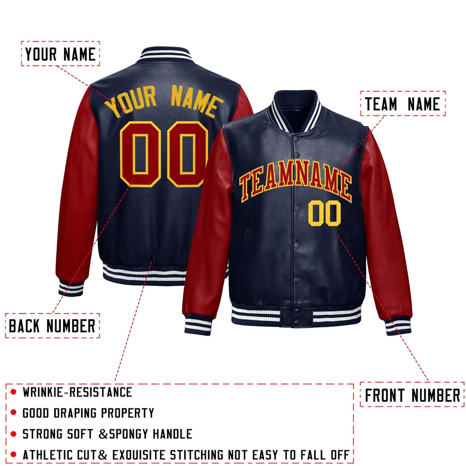 Custom Navy Red Raglan Sleeves Full-Snap Varsity Faux Leather Letterman Jacket