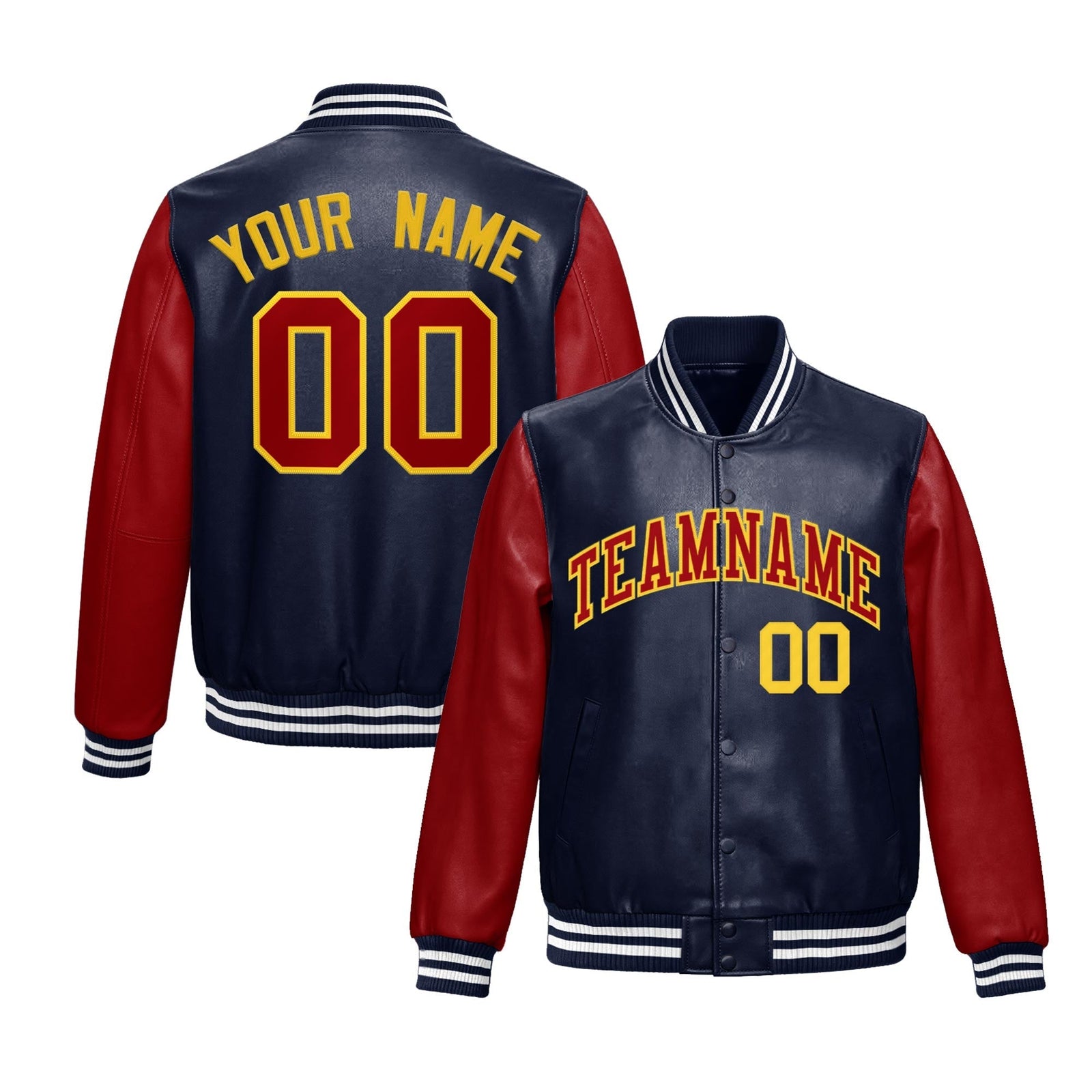 Custom Navy Red Raglan Sleeves Full-Snap Varsity Faux Leather Letterman Jacket
