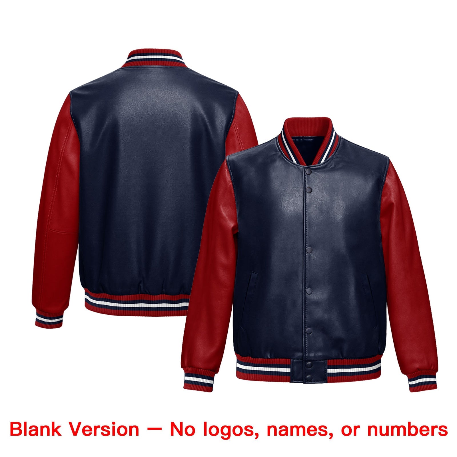 Custom Navy Red Raglan Sleeves Full-Snap Varsity Faux Leather Letterman Jacket