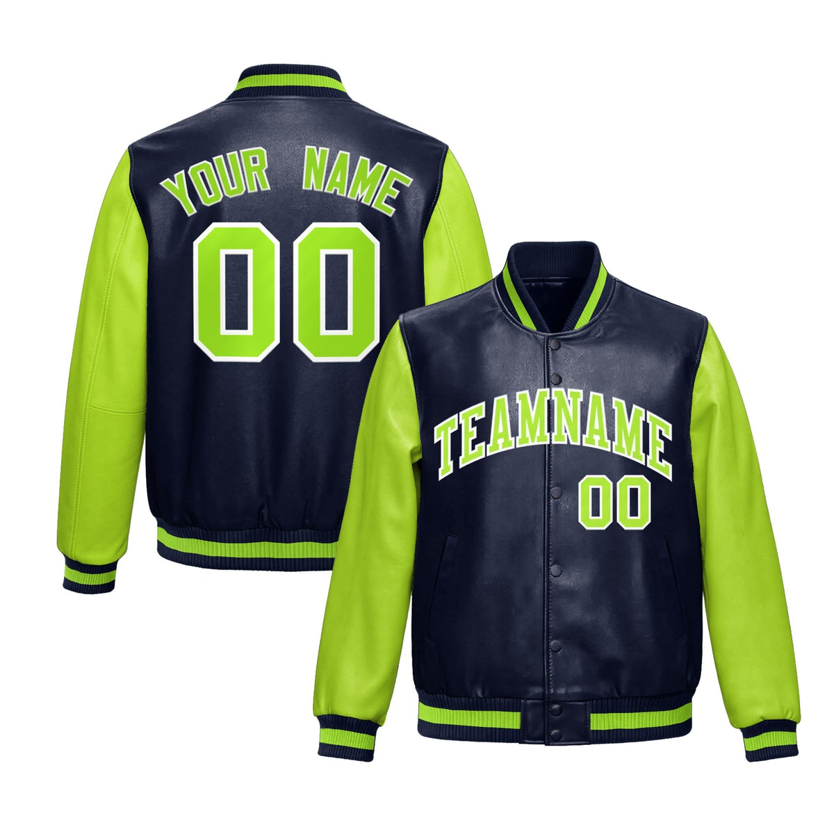 Custom Navy Neon Green Raglan Sleeves Full-Snap Varsity Faux Leather Letterman Jacket