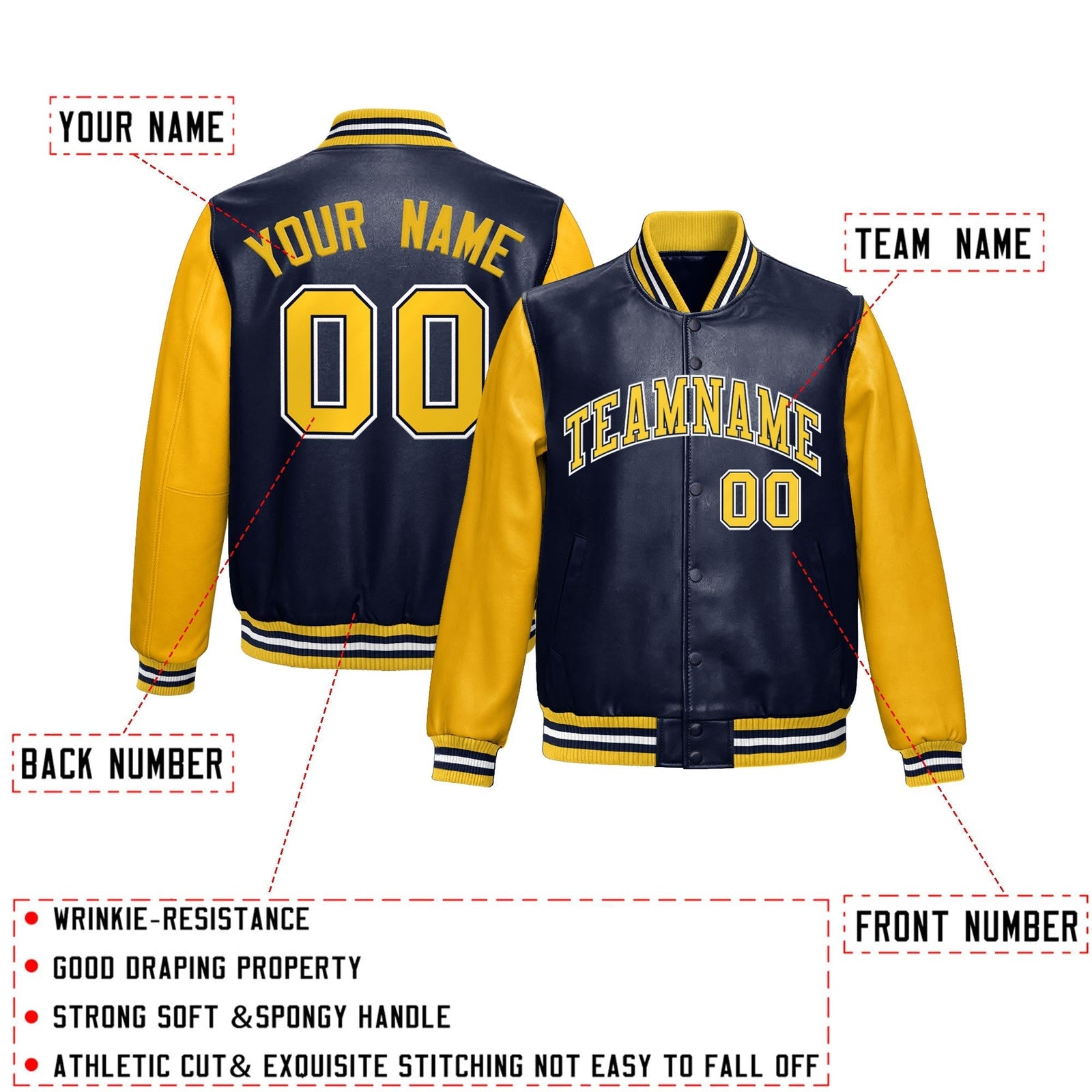 Custom Navy Yellow Raglan Sleeves Full-Snap Varsity Faux Leather Letterman Jacket
