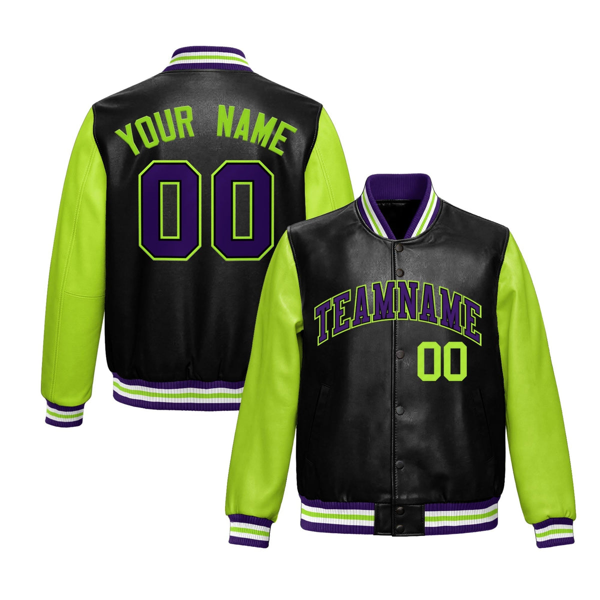 Custom Black Neon Green Raglan Sleeves Full-Snap Varsity Faux Leather Letterman Jacket